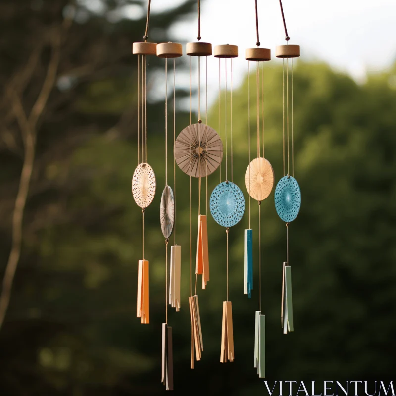 Captivating Wooden Wind Chimes Hanging in Trees | Japanese-Inspired Imagery AI Image