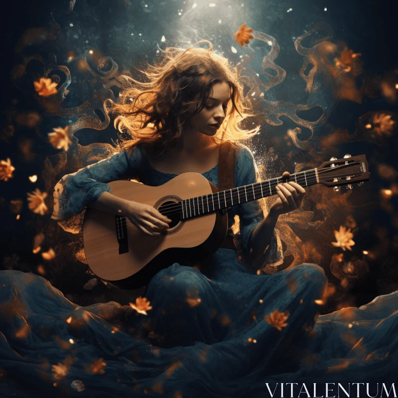 Captivating Girl with Guitar in Enchanting Night Sky | Stock Photo AI Image