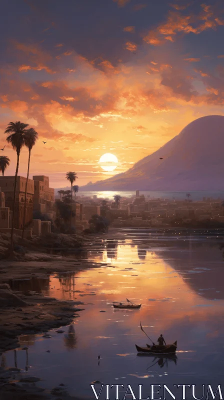 Captivating Sunset Over Water: Ancient Egypt-inspired Painting AI Image