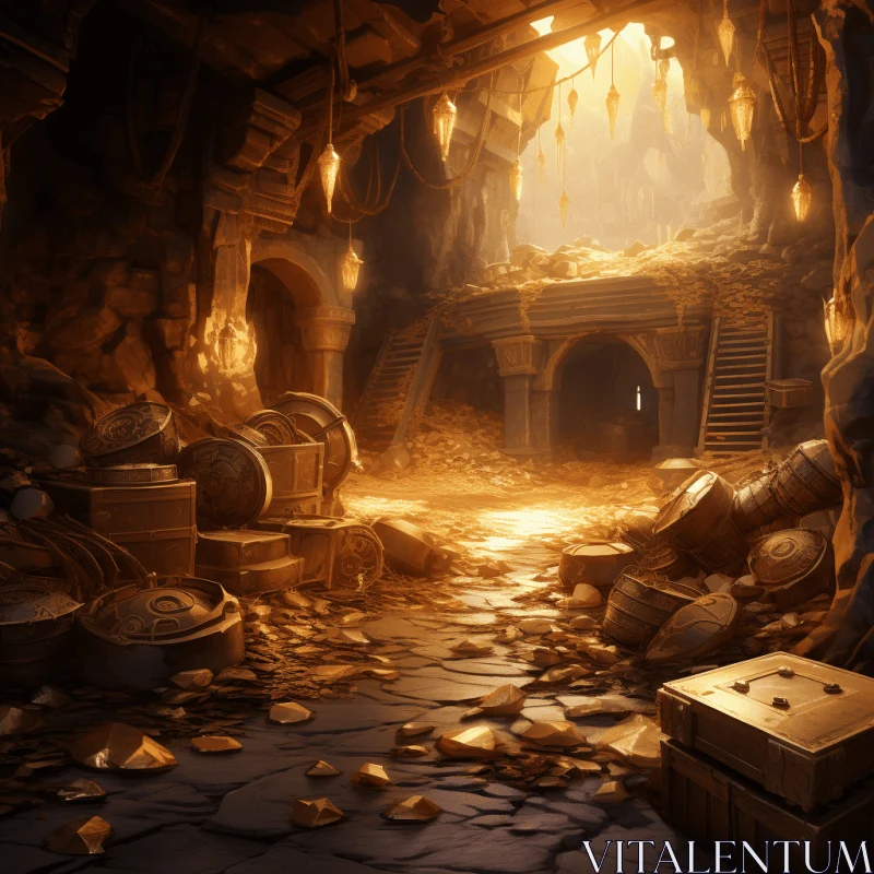 Enchanting Gold Cave: A Surrealistic Journey into Riches AI Image