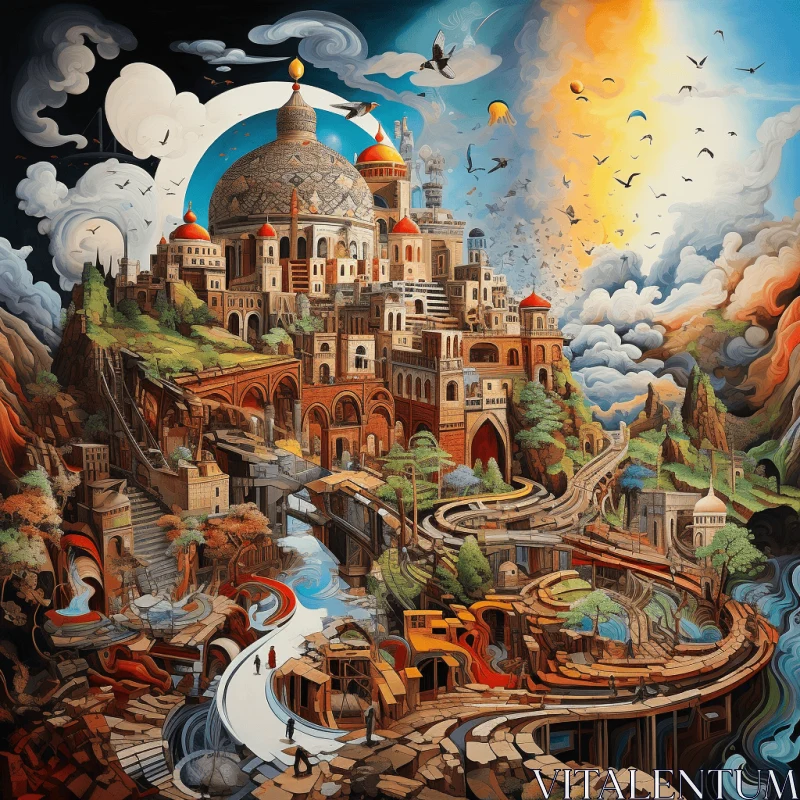 Enchanting Surrealist Painting - Castle Emerged from Clouds AI Image