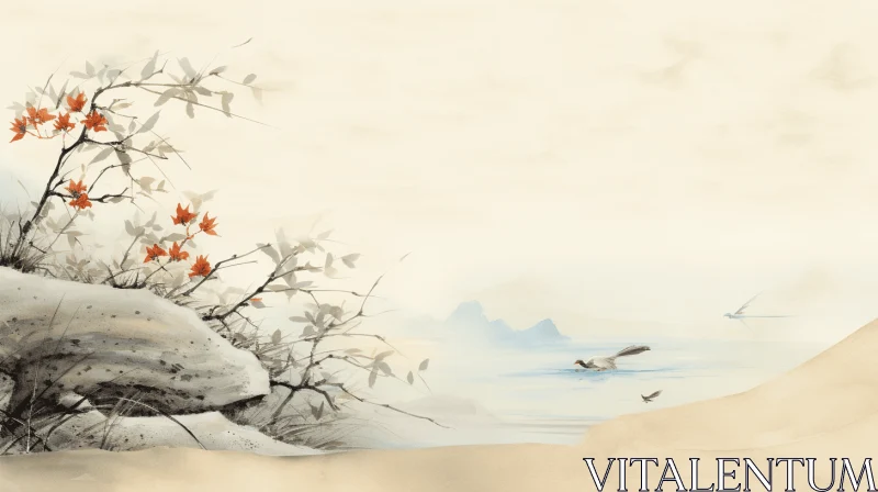 Captivating Oriental Landscape Painting | Tranquil Nature-Inspired Imagery AI Image