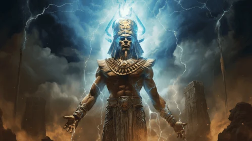 Powerful Pharaoh Confronts Thunderstorm in Realistic Artwork