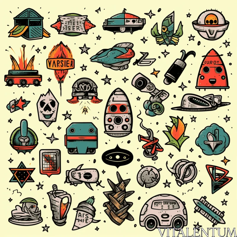 Captivating Doodle Style Icons Set: Spacecraft, Aliens, Trains, and More AI Image