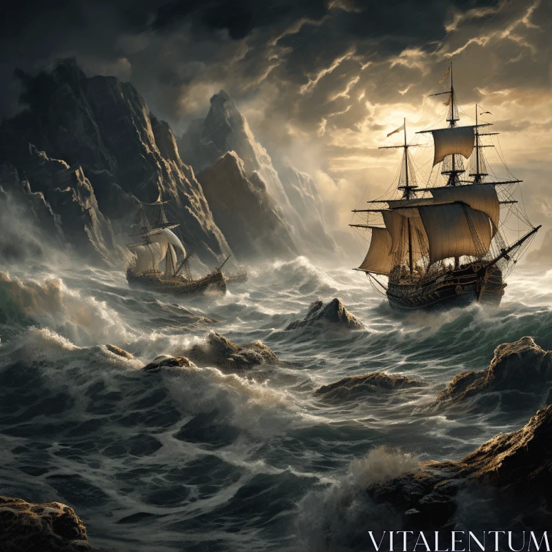 Captivating Wooden Ship Sailing in Stormy Waters - Artistic Illustration AI Image