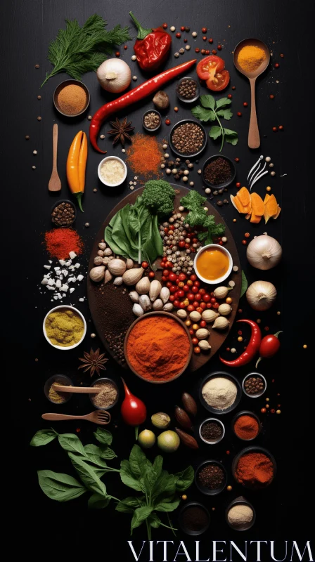 Exquisite Assortment of Spices and Ingredients on a Black Table AI Image