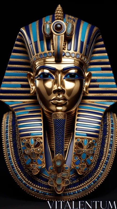 Captivating Gold Egyptian Pharaoh Mask on Blue and Black Background AI Image
