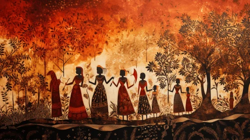 Captivating Indian Style Painting of Women in Red and Brown | Nature-Inspired Art