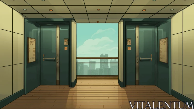 Cartoonish Style Elevator in Building with City View AI Image