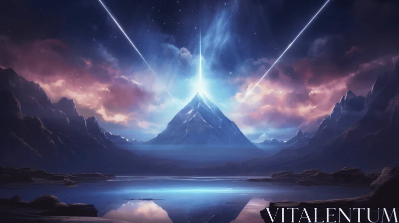 Abstract Mountain Scene with Shining Light - Cosmic Symbolism and Realistic Lighting AI Image