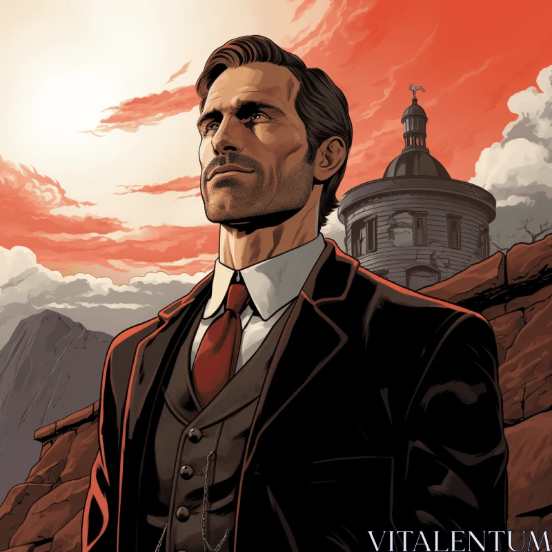 Captivating Illustration of a Man in Black Suit and Tie | Adventure Pulp Style AI Image