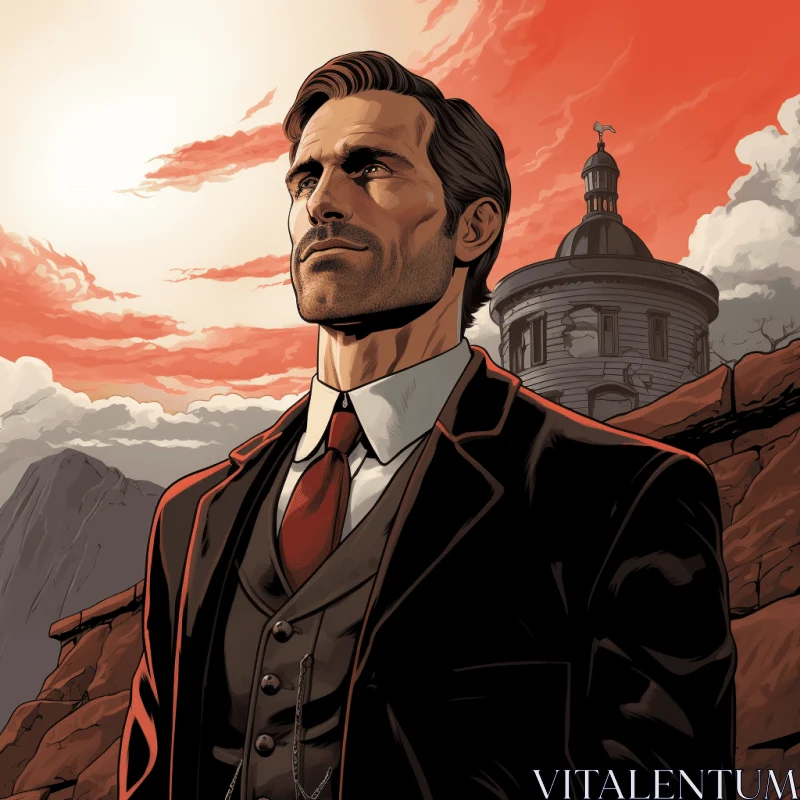 Captivating Illustration of a Man in Black Suit and Tie | Adventure Pulp Style