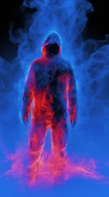 Mysterious Figure in Smoke and Red Lights on a Blue Background