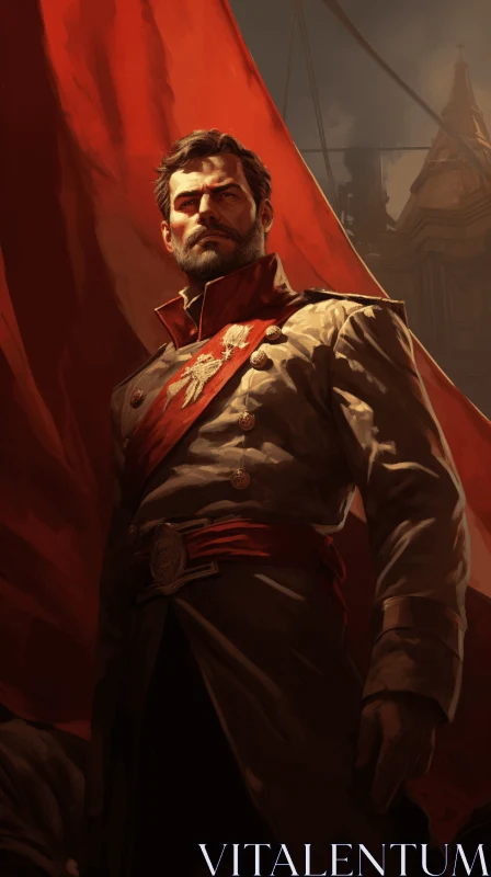 Powerful Soldier in Military Uniform Standing in Front of a Red Flag AI Image