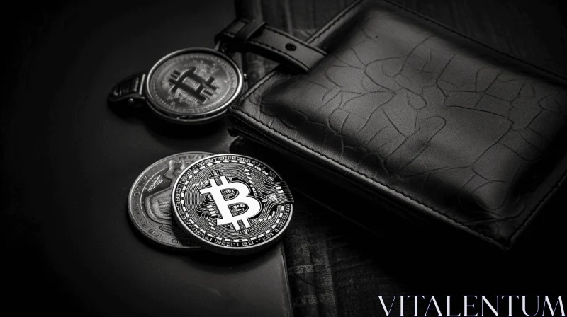 Bitcoin Coins in Black Wallet: Captivating Black and White Photography AI Image