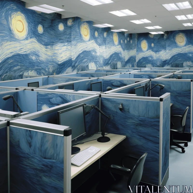 Captivating Dark Sky-Blue Murals in Office Cubicles AI Image