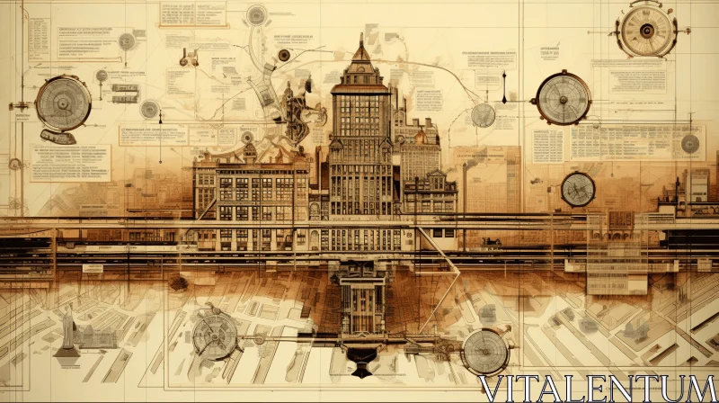 Intricate Steampunk Cityscape Drawing | Vintage Sepia-Toned Artwork AI Image