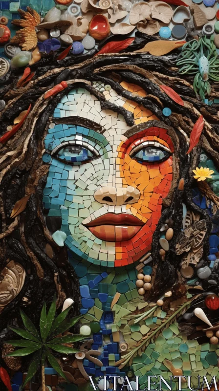 AI ART Captivating Mosaic Art: Woman Made with Colored Rocks, Shells, and Stones