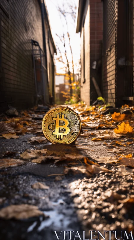 Bitcoin in Autumn Leaves on a Street | Gritty Urban Landscapes AI Image
