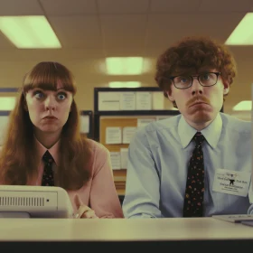 Captivating Office Scene: Dark Humor and Vintage Portraiture