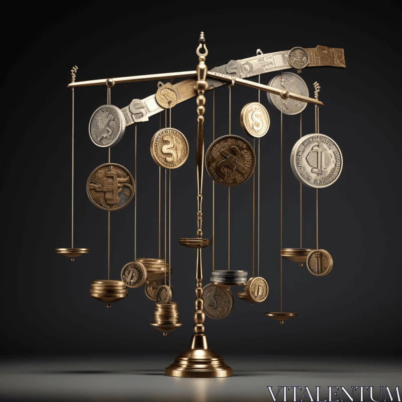 Mesmerizing Sculptural Installation: Gold Coins on Balance Scale AI Image