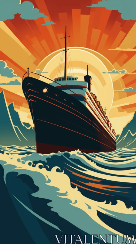 Vintage Poster Style: A Majestic Cruise Ship Sailing through the Waves AI Image