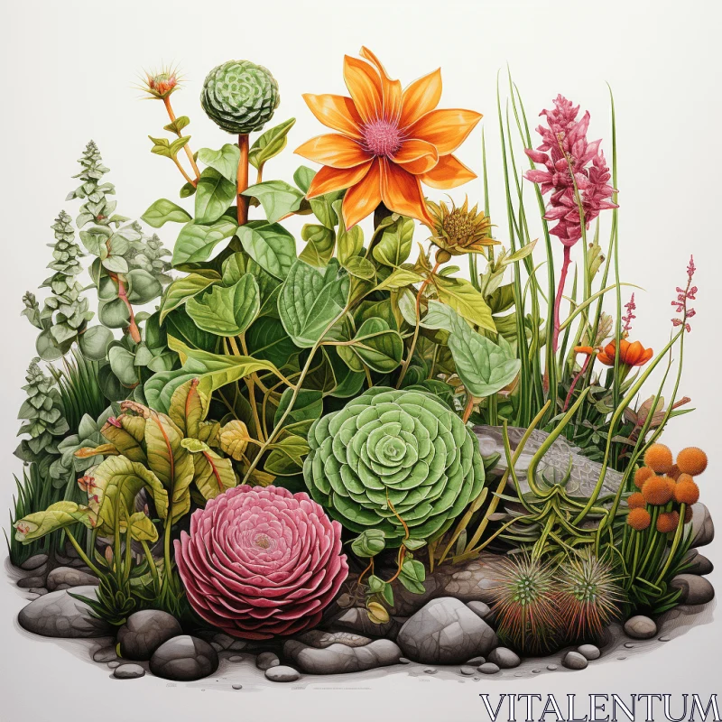 Botanical Delight: Hyper-Detailed Painting of Plants in a Rock Bed AI Image