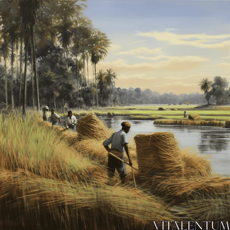 Men Weeding Corn in a Field by a River | Realistic Landscape Art AI Image