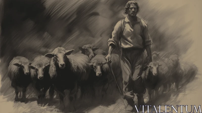 Captivating Scene of a Man Leading Animals | Digital Painting and Drawing AI Image