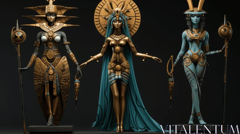 Exquisite Egyptian Goddesses in Dark Aquamarine and Gold AI Image