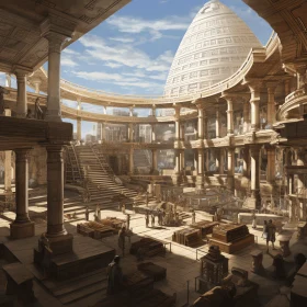 Hyper-Realistic Sci-Fi Illustration of a Prehistoric Hall in Byzantine-Inspired Style