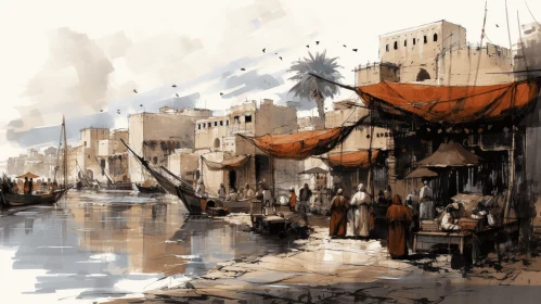 Vibrant Oriental Market Painting: Boats and People in Realistic Color Palette