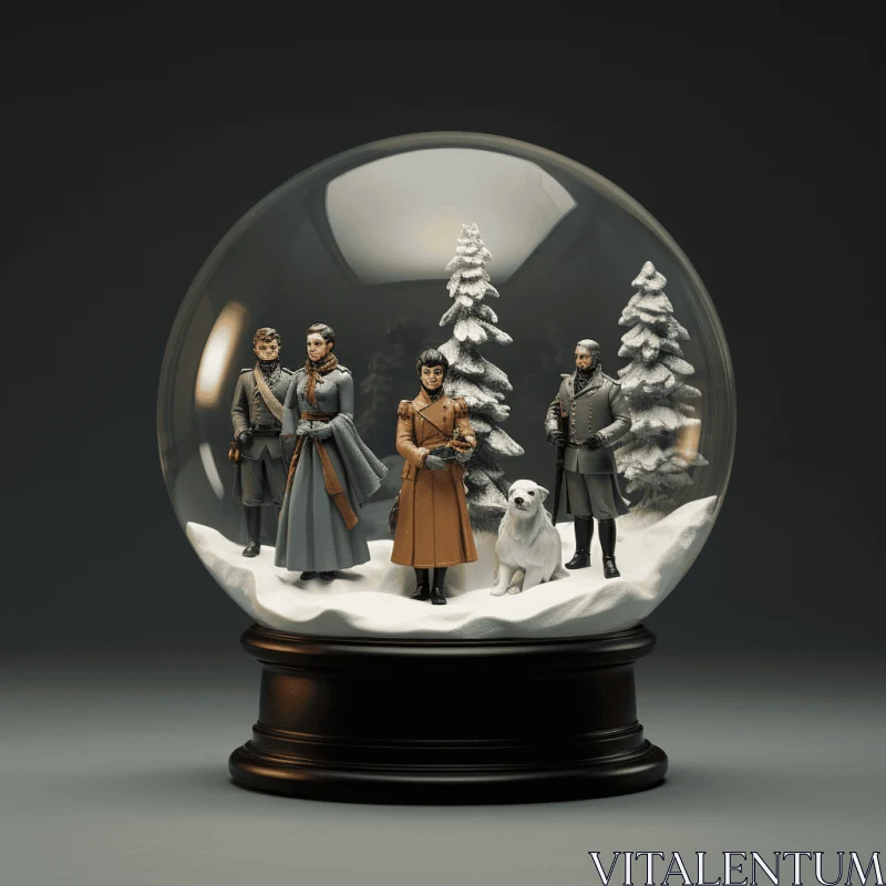 AI ART Captivating Snow Globe Sculpture with People and Dogs