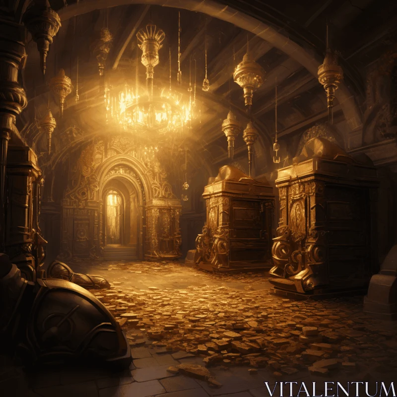 AI ART Dark Interior with Chandeliers and Gold Decorations - Atmospheric Scenes