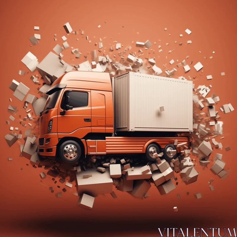 Abstract Truck Breaking Out of Brick Wall | Orange Background AI Image