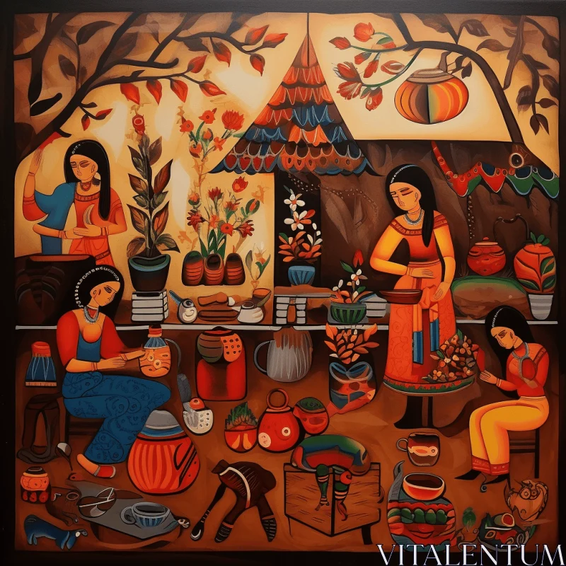 Captivating Painting of Women and Cooking Tools in Vibrant Thai Art Style AI Image