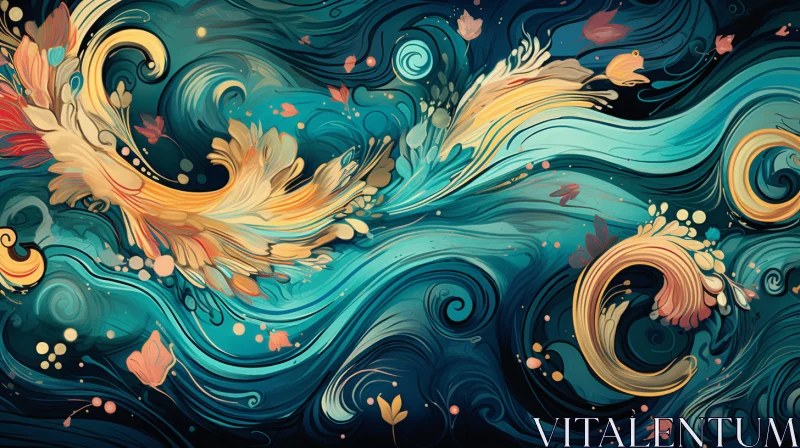 Abstract Painting with Flowing Fishes, Leaves, and Swirls AI Image