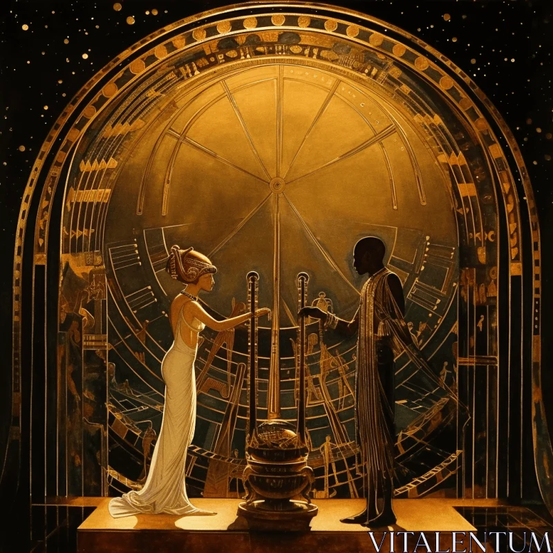 Captivating Artwork of a Couple in Front of a Golden Clock AI Image