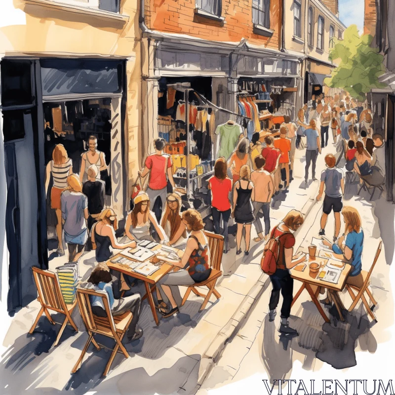 Vibrant Street Decor Illustration - Capturing the Energy of a Local Town Street AI Image