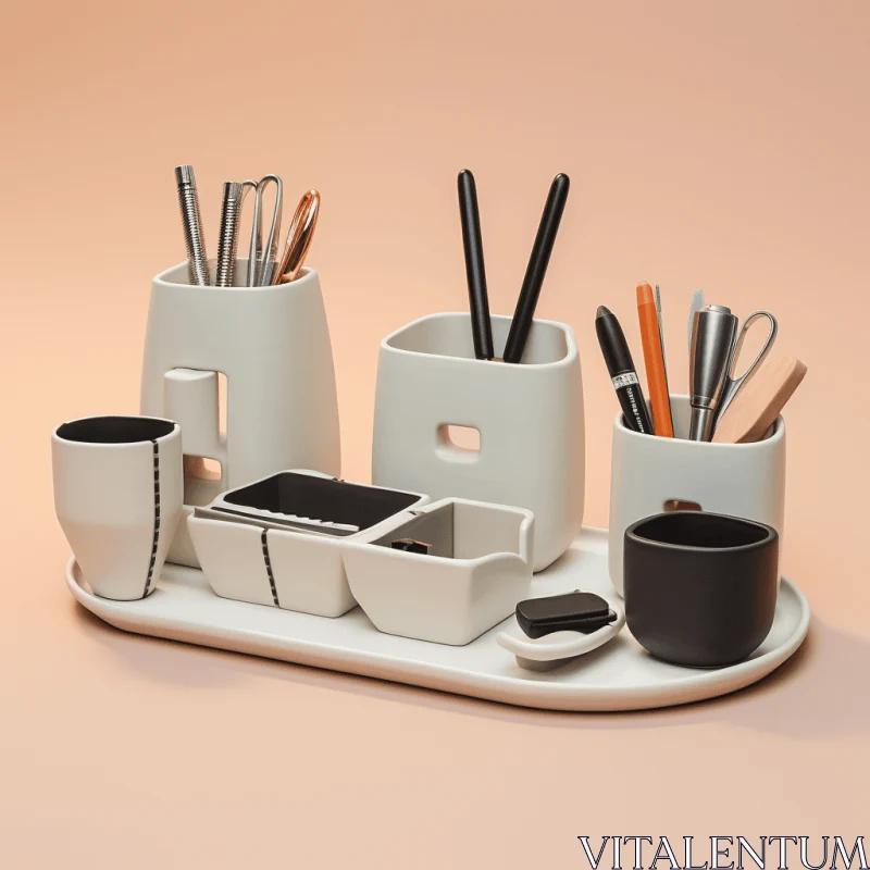 Minimalist Ceramic Tray with Pens and Pencils AI Image
