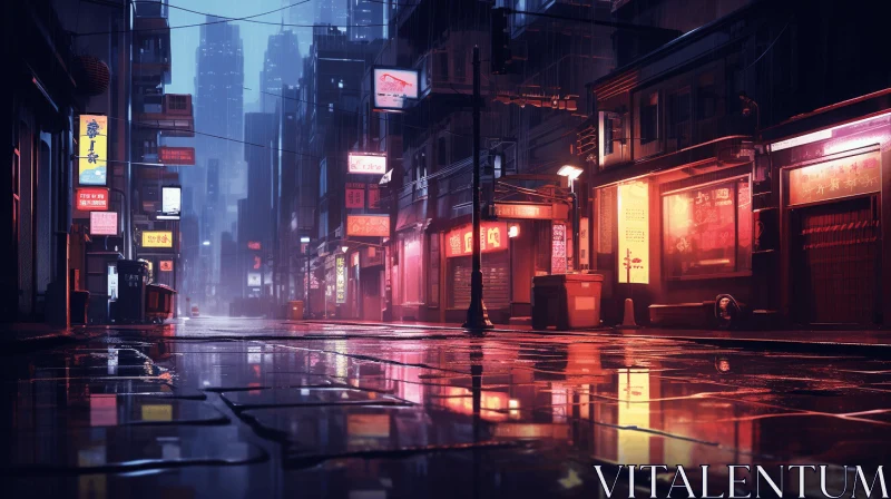 Rainy City Street with Neon Lighting - Minimalistic Japanese Aesthetic AI Image