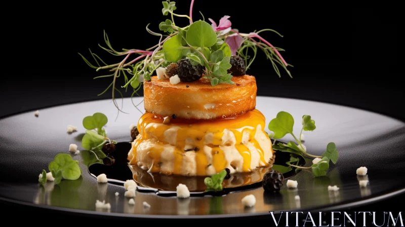 Exquisite Cheese Dessert on Black Plate | Multi-Layered Composition AI Image