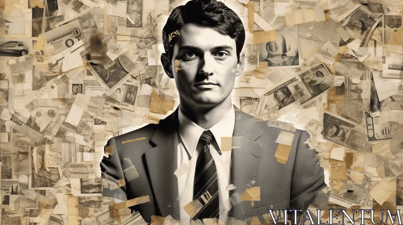 Vintage Portraiture with a Man Amid Bank Notes AI Image