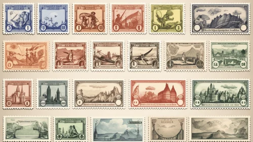 Captivating Vintage Postage Stamps with Art Deco Futurism and Realistic Landscapes