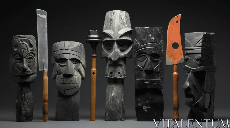 Captivating Wooden Tiki Heads on Dark Background - Stone Sculpture Inspired AI Image