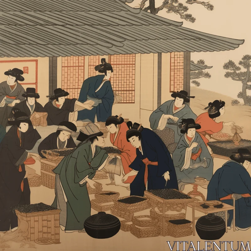 Heian Period Painting: People Buying and Selling Goods and Food AI Image