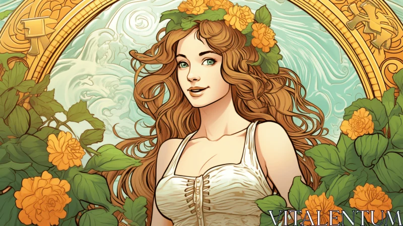 Captivating Fantasy Art: Girl with Flowing Hair and Delicate Flowers AI Image