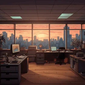 Captivating Office with Skyline View: Cartoon Compositions and Tonalist Color Scheme