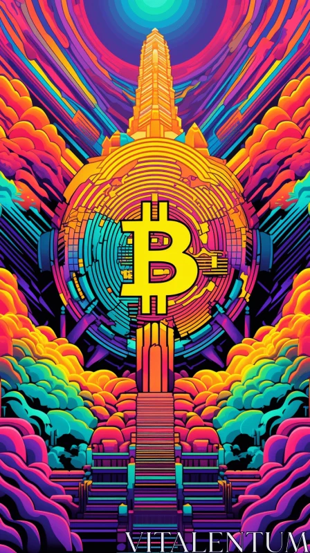 Colorful Skyscraper and Bitcoin Design | Intense Details and Bold Lines AI Image