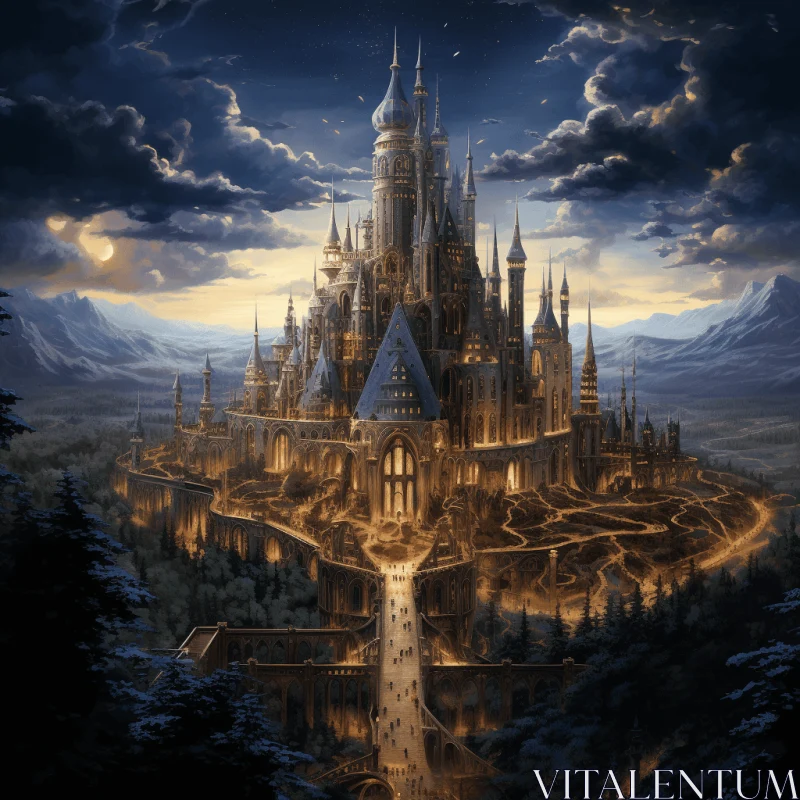 Enchanting Castle of Cinders Wallpaper | Surrealistic Night Scene AI Image